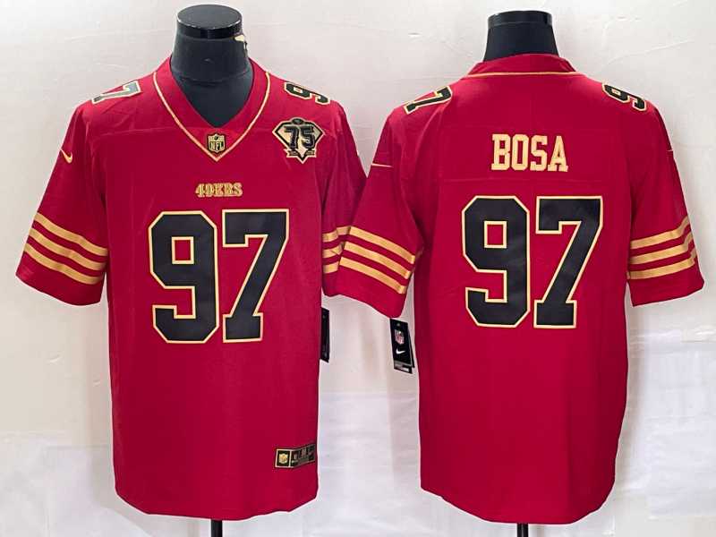 Mens San Francisco 49ers #97 Nick Bosa Red 75th Patch Golden Edition Stitched Nike Limited Jersey